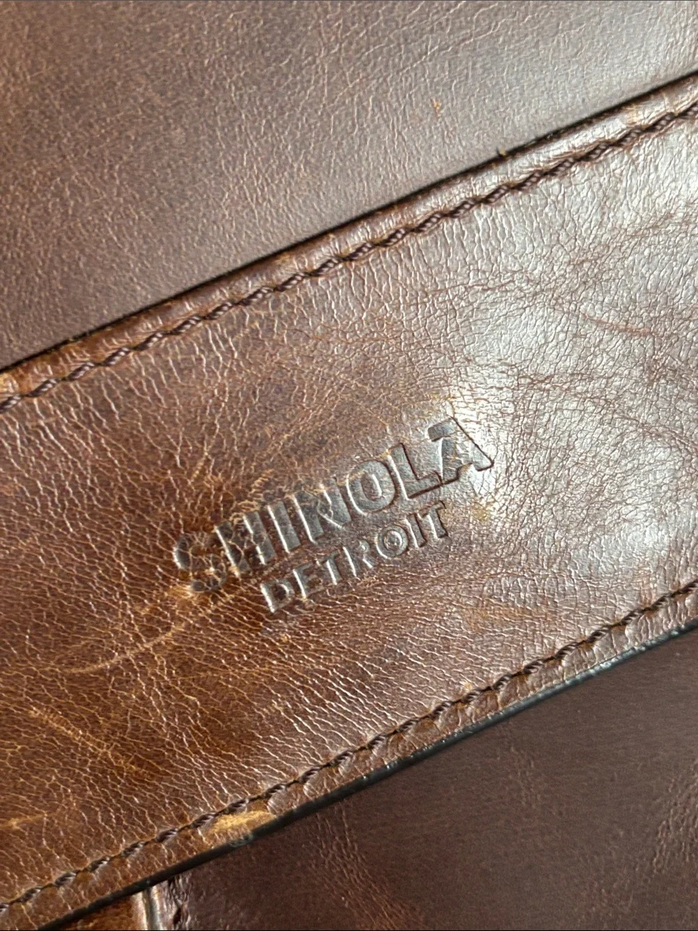 Shinola Brown Leather Messenger with Adjustable Canvas broken Strap